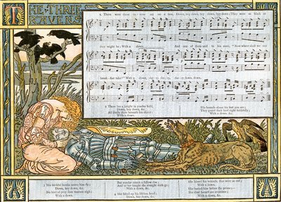 「The Three Ravens」、「Pan-Pipes」の歌のイラスト、古歌の本、新しくアレンジされ、Theoの伴奏付き。 Marzials、ロンドンでGeorge Routledge und Sonsによって公開された、1884年（色lith） 作： Walter Crane
